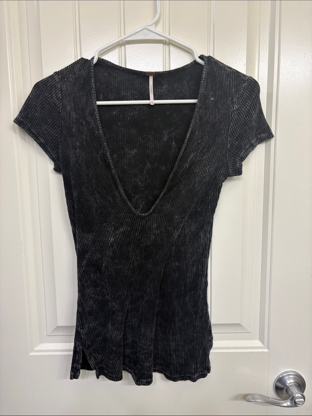 Free People Black Ribbed Deep V Short Sleeve Top